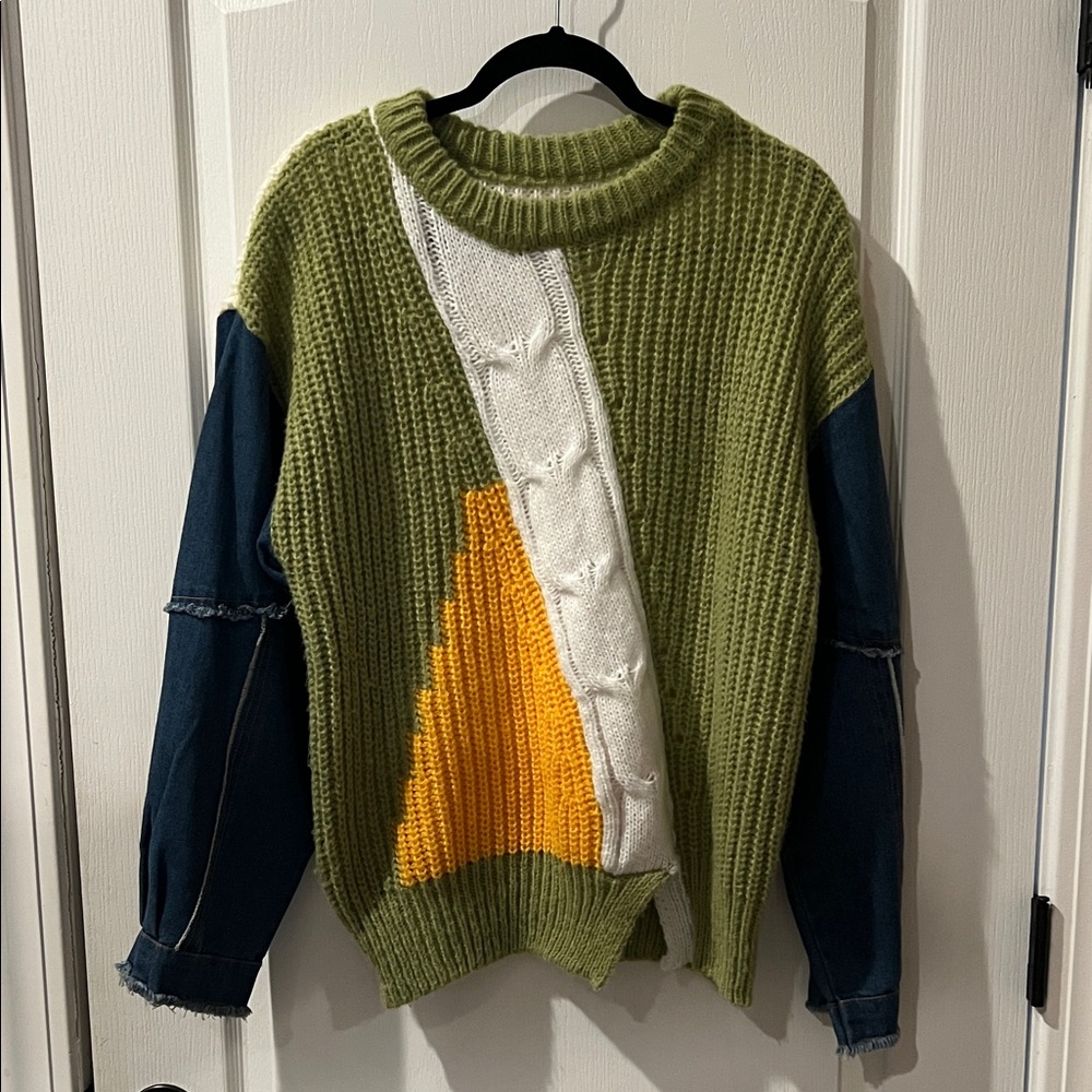 Colorblock Knit Sweater - Green, Yellow, White, and Blue
